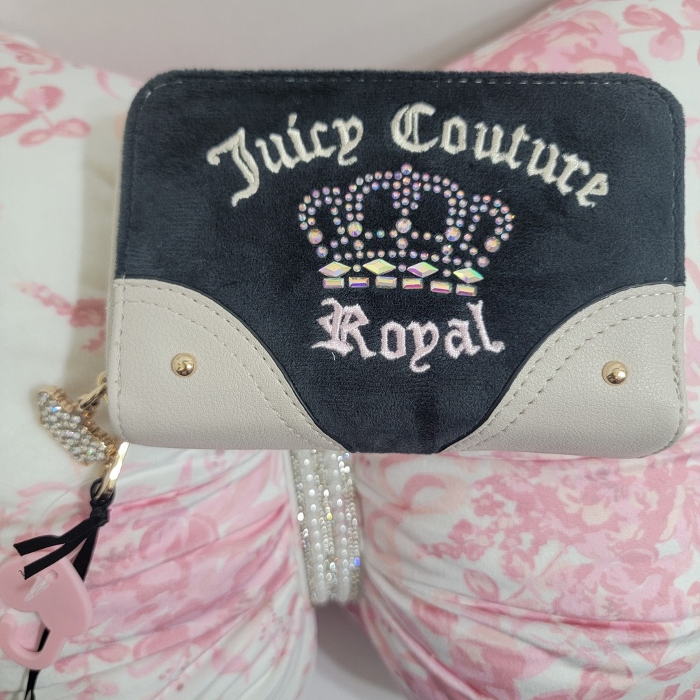 NEW! Juicy Couture Kingdom CROWN ROYAL Double Zip Around Wallet Rhinestone Charm
